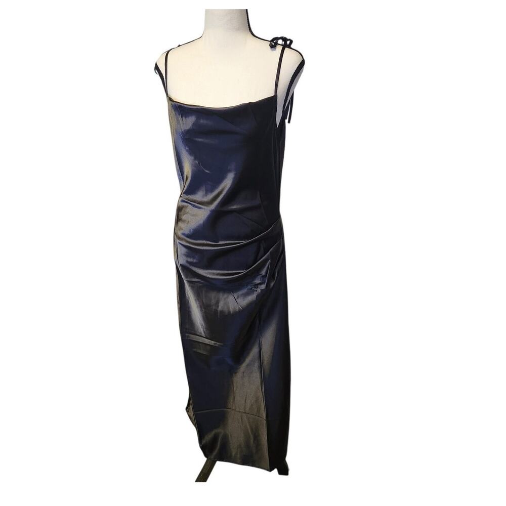 Cinderella Divine Black Satin Side Slit Evening Cocktail Slip Dress Women Medium